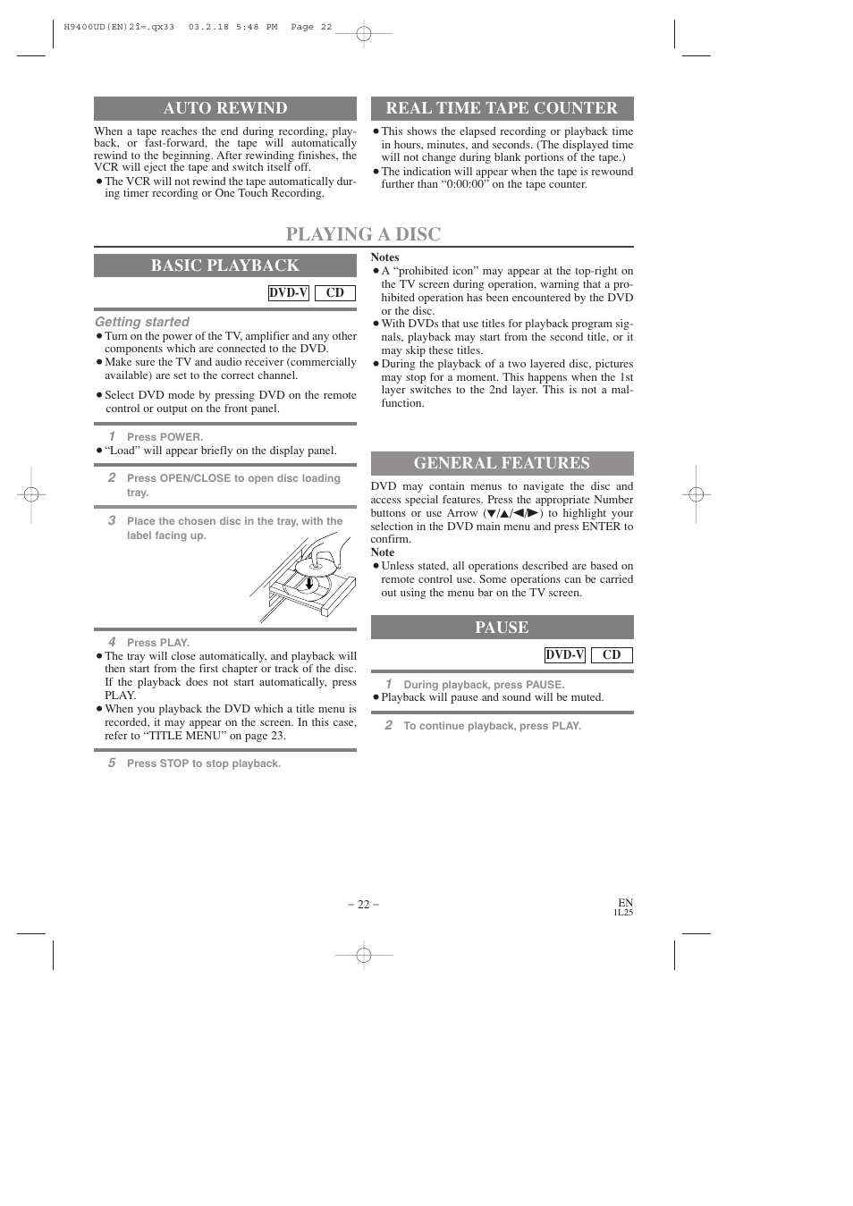 Playing a disc, Basic playback, Auto rewind | Real time tape counter, General features, Pause | FUNAI DVC860D User Manual | Page 22 / 44