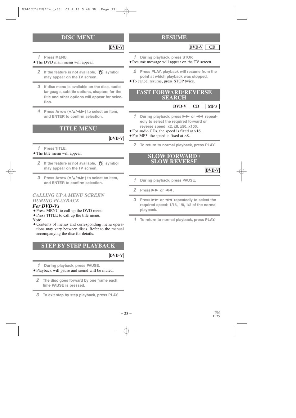 Title menu, Step by step playback, Resume | Disc menu | FUNAI DVC860D User Manual | Page 23 / 44