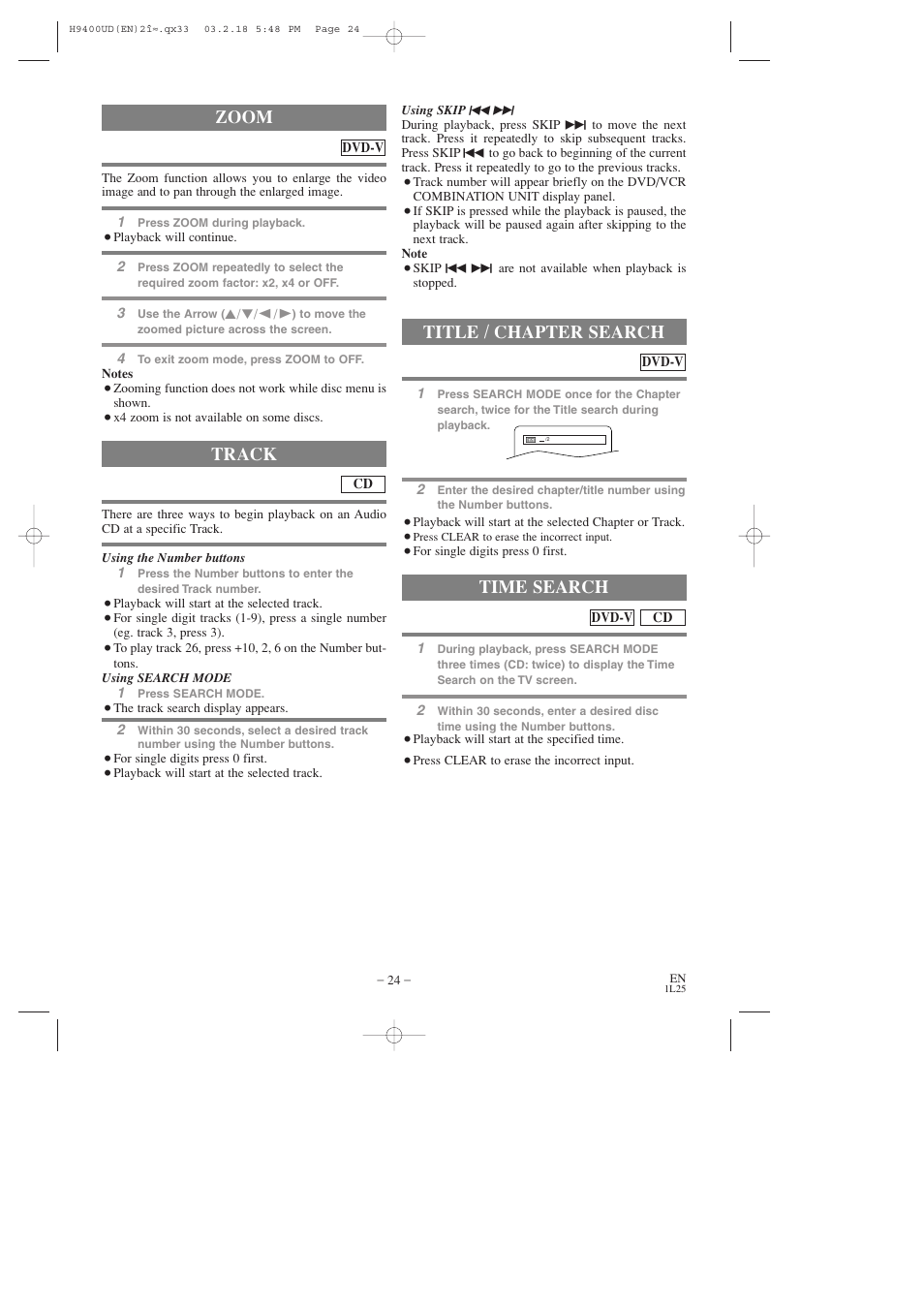 Track, Zoom, Title / chapter search | Time search | FUNAI DVC860D User Manual | Page 24 / 44