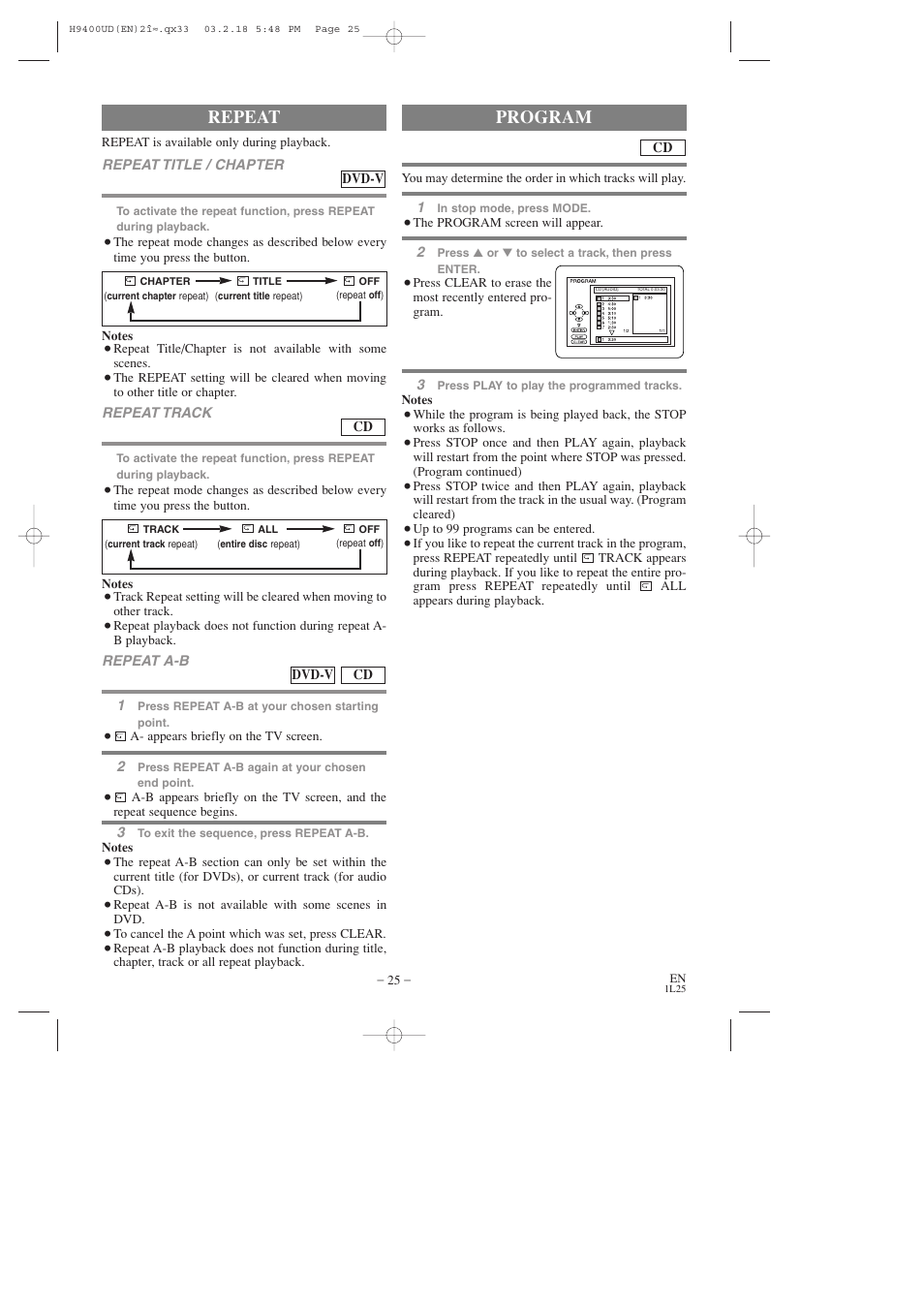 Repeat, Program | FUNAI DVC860D User Manual | Page 25 / 44