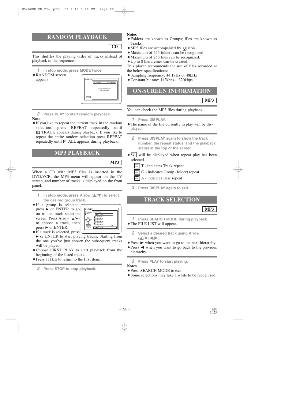 Random playback, Mp3 playback, On-screen information | Track selection | FUNAI DVC860D User Manual | Page 26 / 44