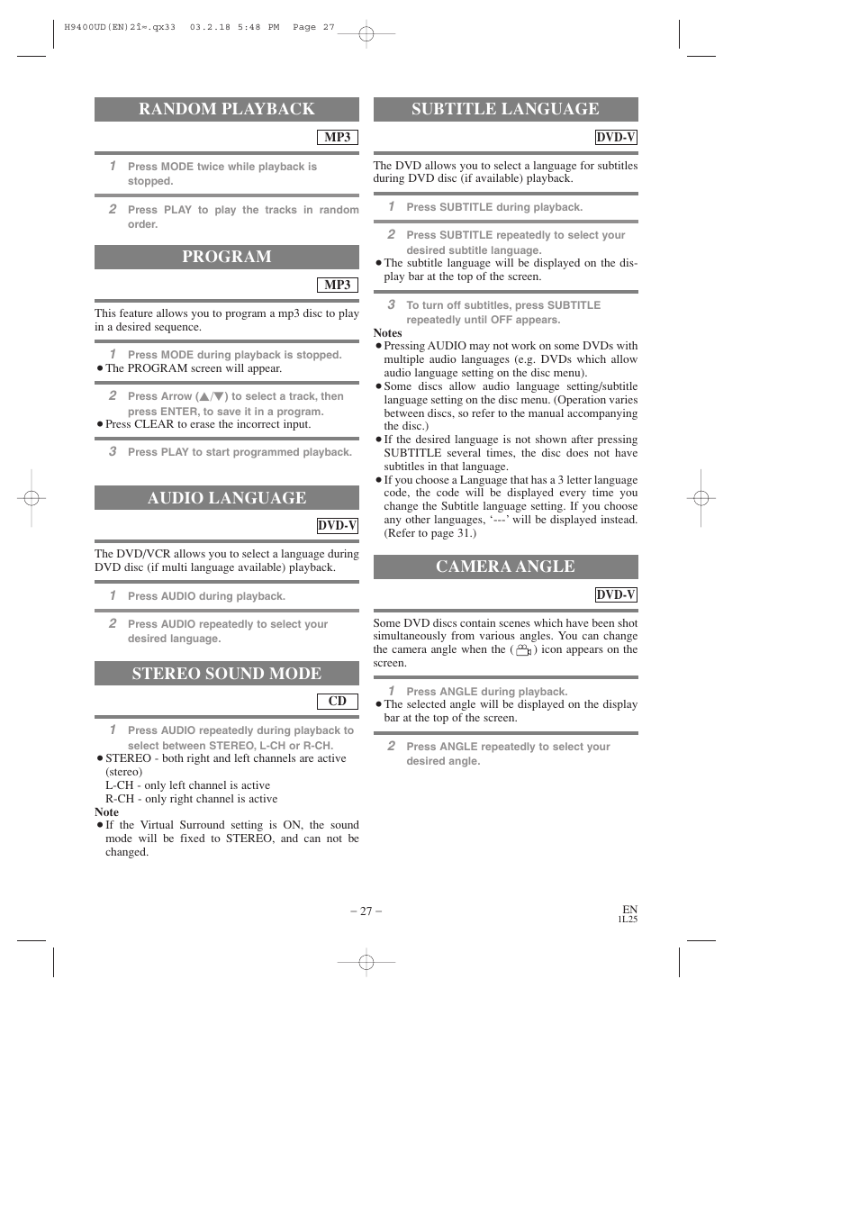 Random playback, Program audio language, Stereo sound mode | Subtitle language camera angle | FUNAI DVC860D User Manual | Page 27 / 44