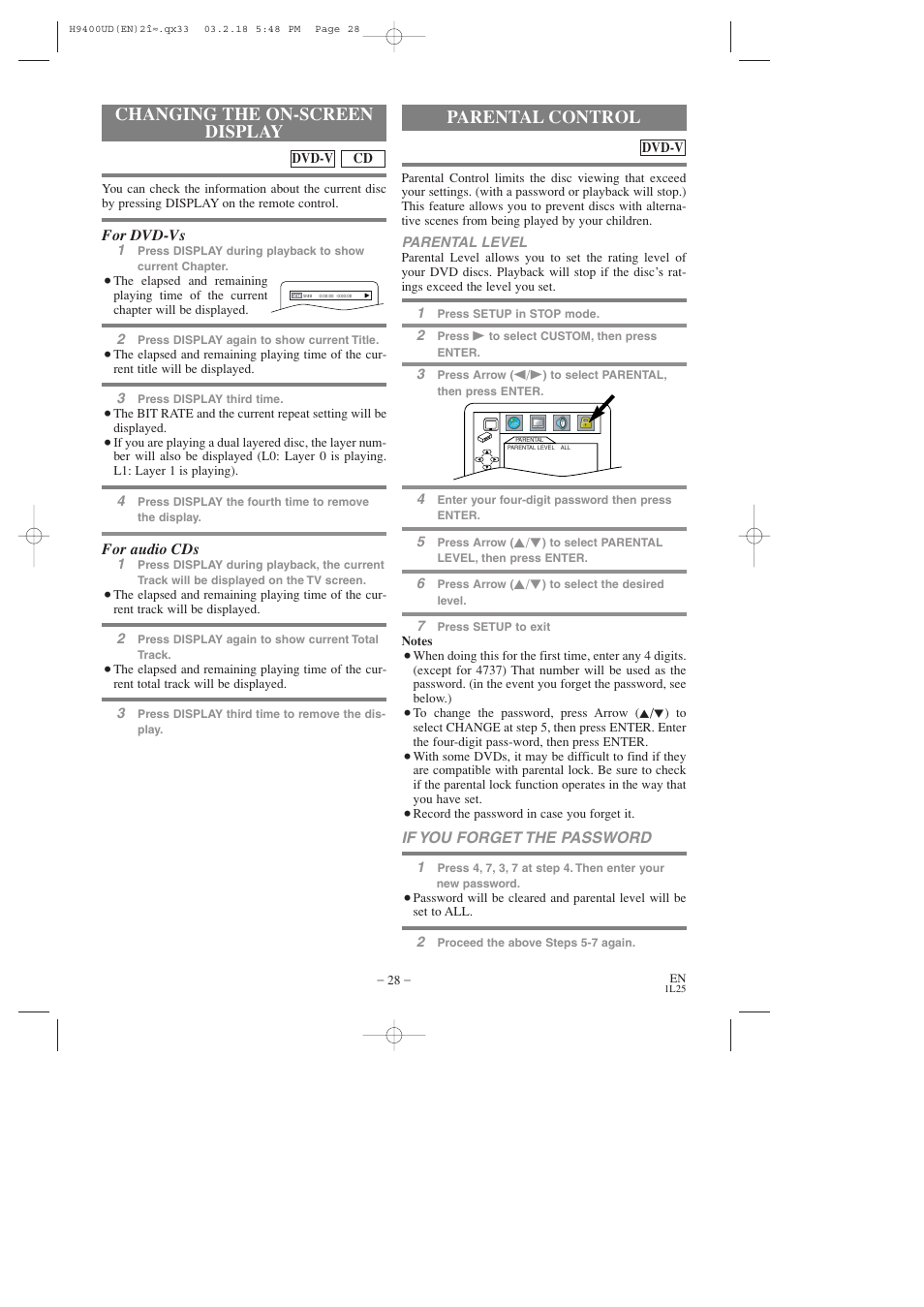 Changing the on-screen display, Parental control | FUNAI DVC860D User Manual | Page 28 / 44