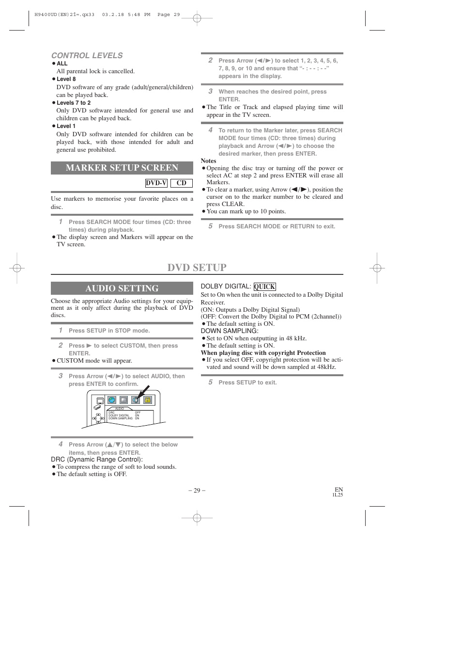 Dvd setup, Marker setup screen, Audio setting | Control levels | FUNAI DVC860D User Manual | Page 29 / 44