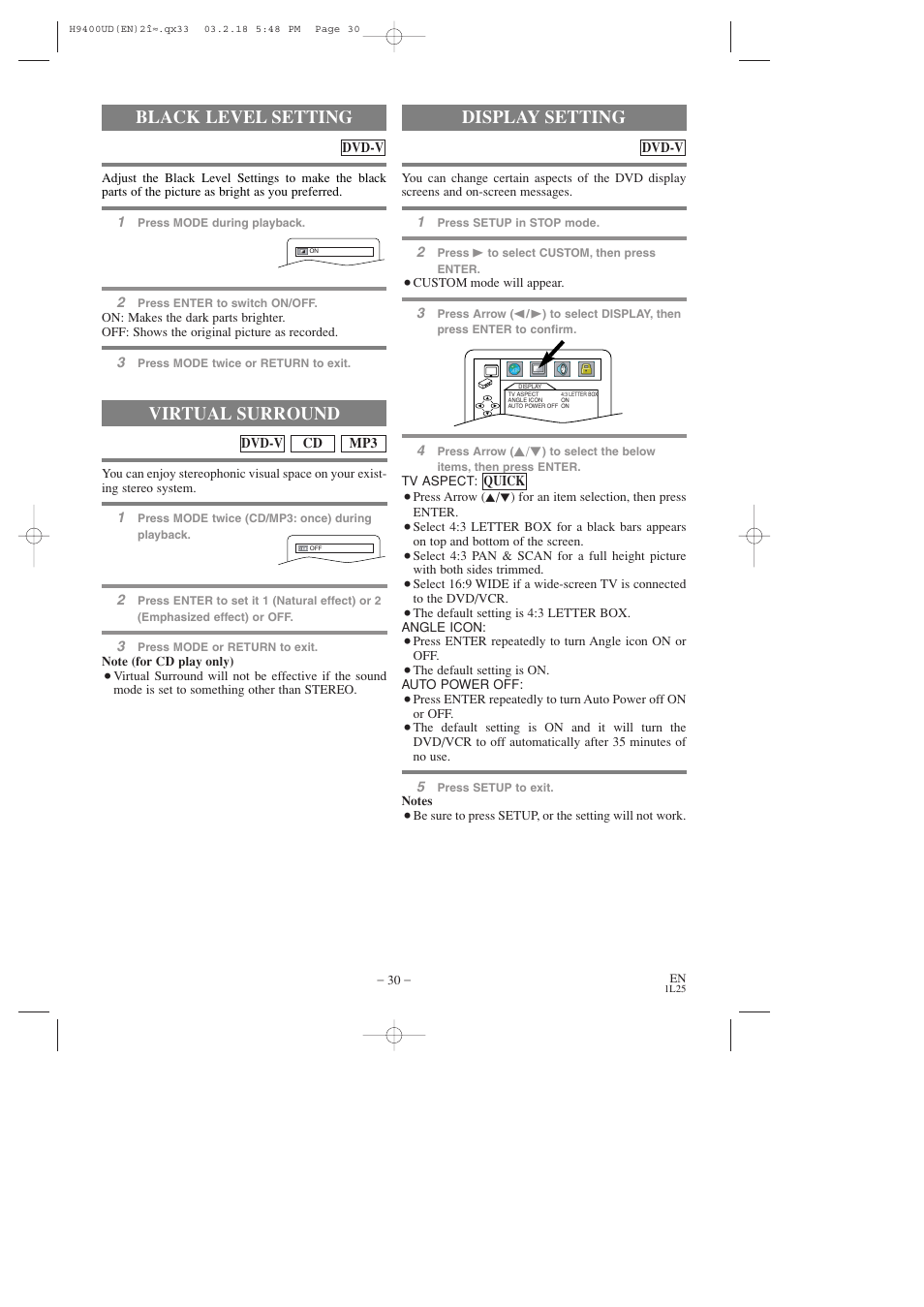 Black level setting, Virtual surround, Display setting | FUNAI DVC860D User Manual | Page 30 / 44
