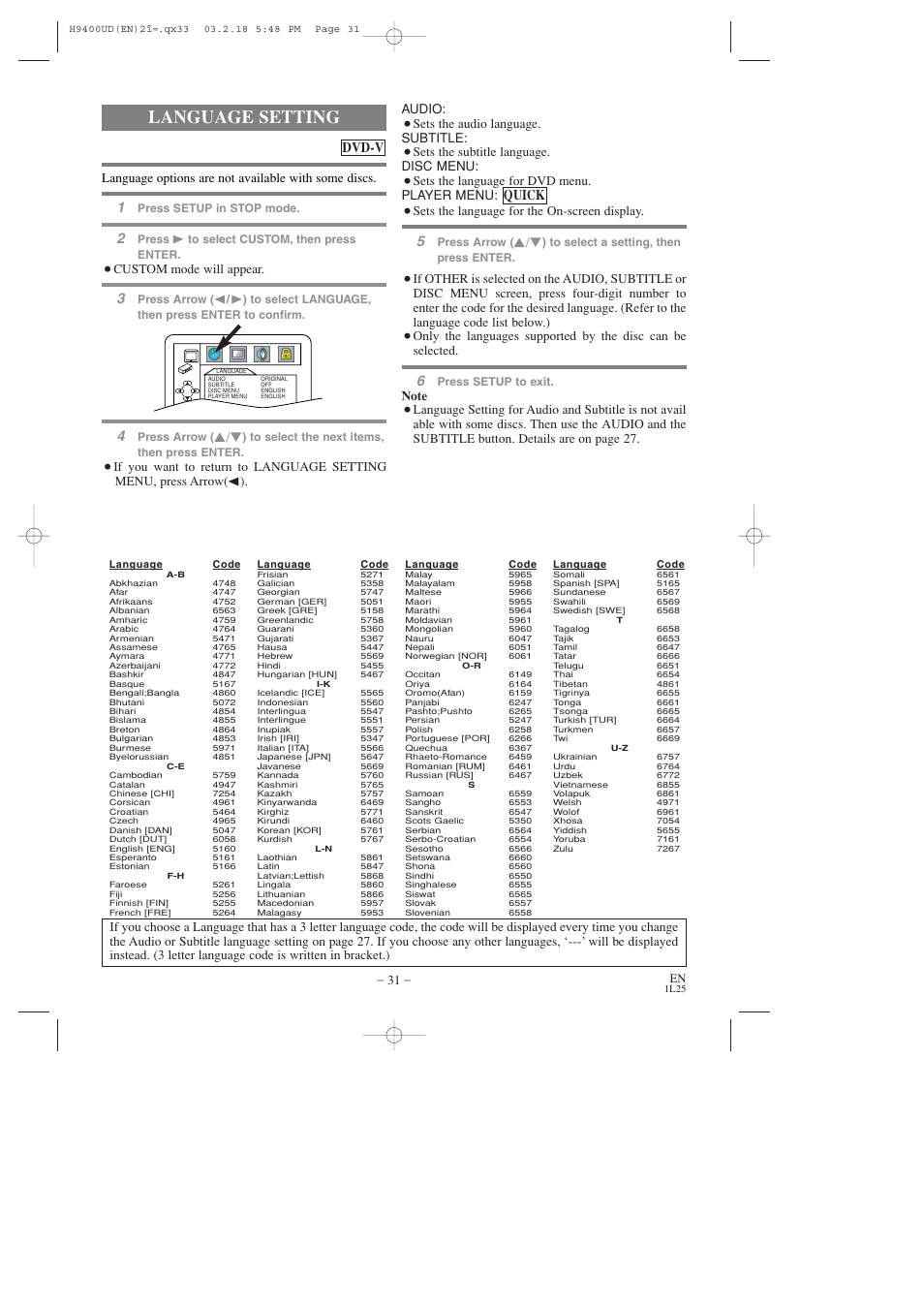 Language setting, Dvd-v, Quick | Language options are not available with some discs, Custom mode will appear, Sets the audio language. subtitle, Sets the subtitle language. disc menu, Sets the language for dvd menu. player menu, Sets the language for the on-screen display | FUNAI DVC860D User Manual | Page 31 / 44