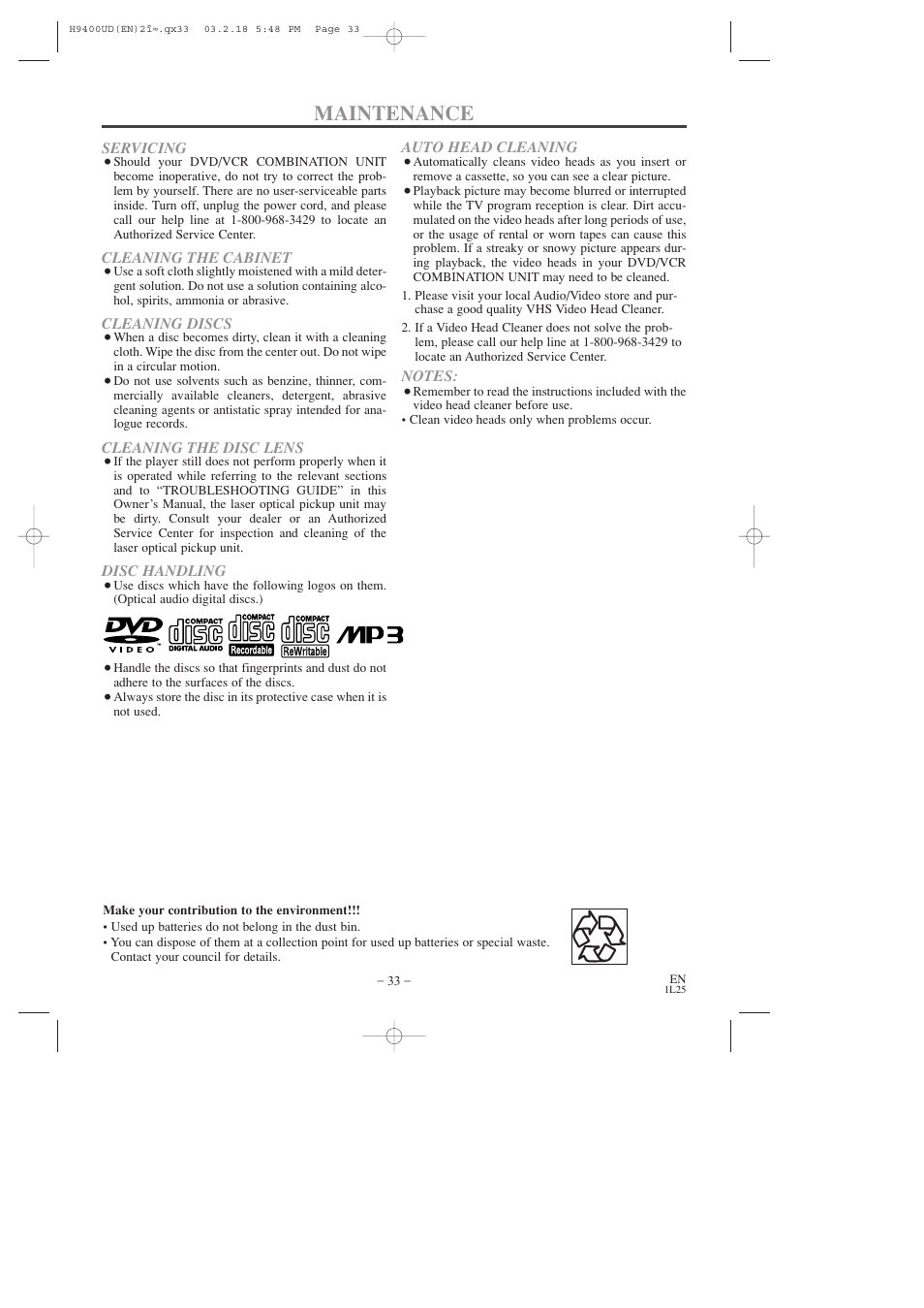 Maintenance | FUNAI DVC860D User Manual | Page 33 / 44