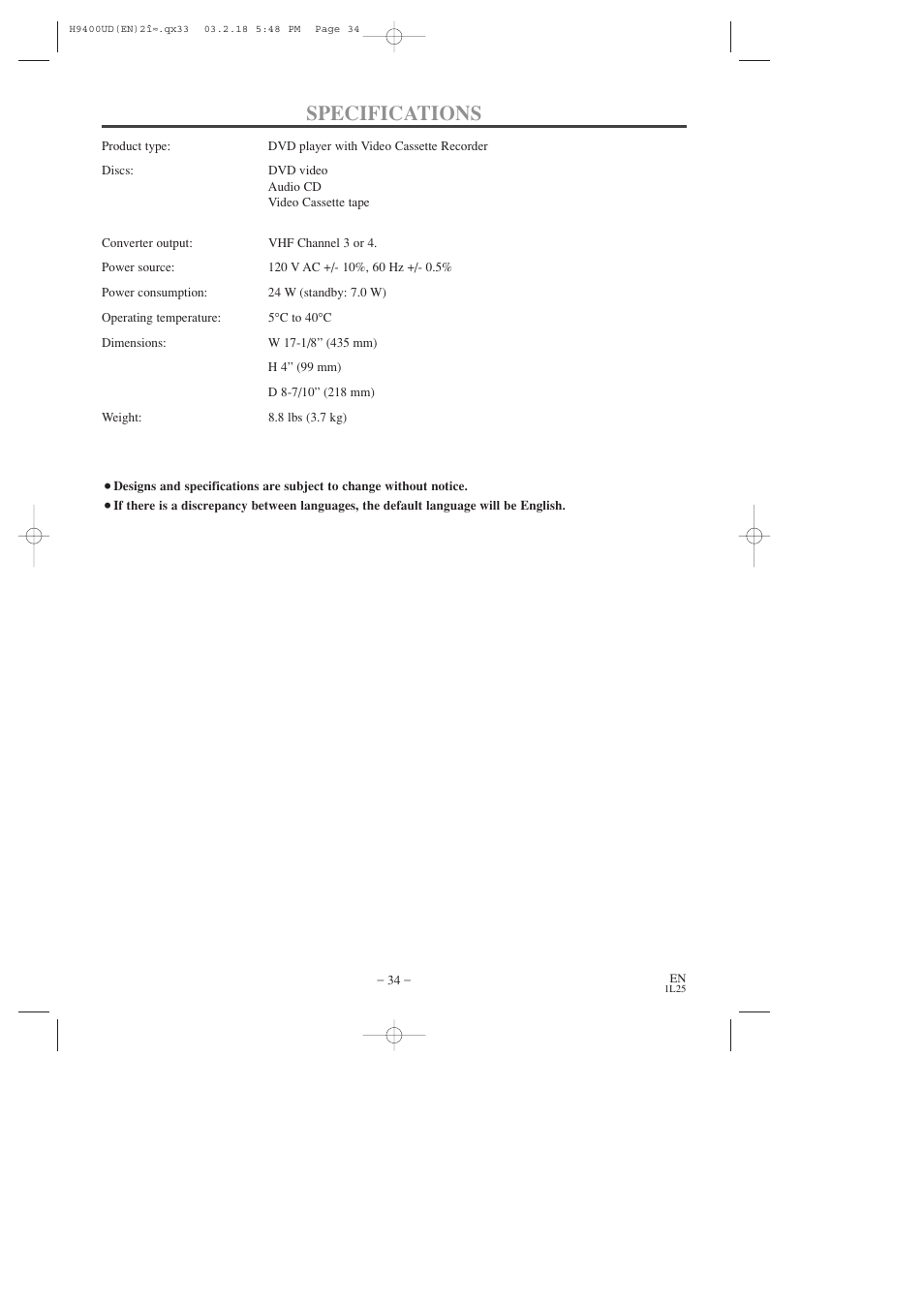 Specifications | FUNAI DVC860D User Manual | Page 34 / 44