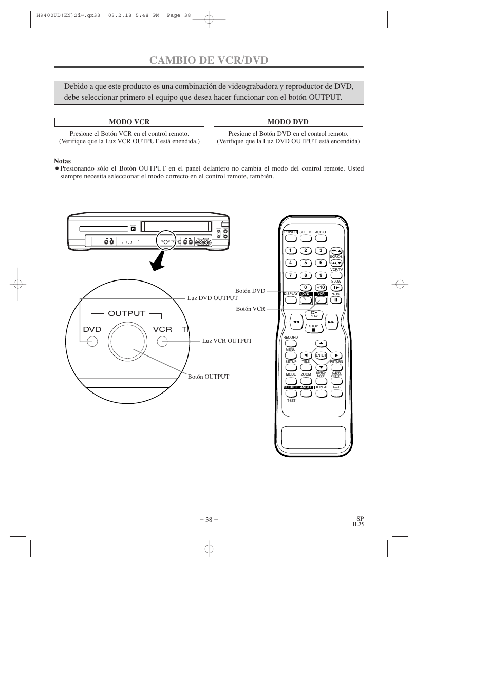 Cambio de vcr/dvd, Modo vcr, Modo dvd | FUNAI DVC860D User Manual | Page 38 / 44