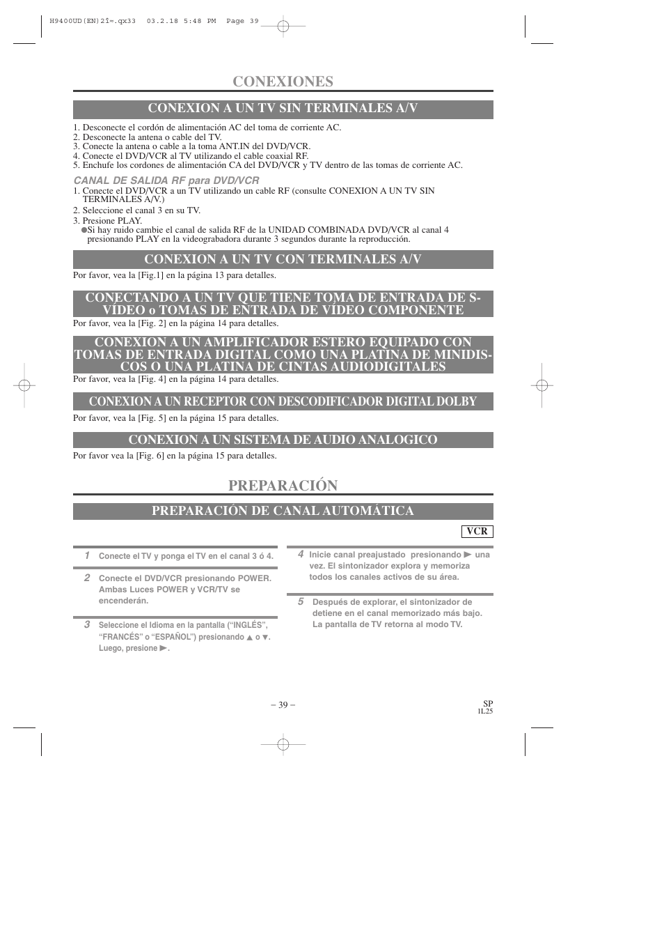 Conexiones, Preparación, Conexion a un sistema de audio analogico | Preparación de canal automática | FUNAI DVC860D User Manual | Page 39 / 44