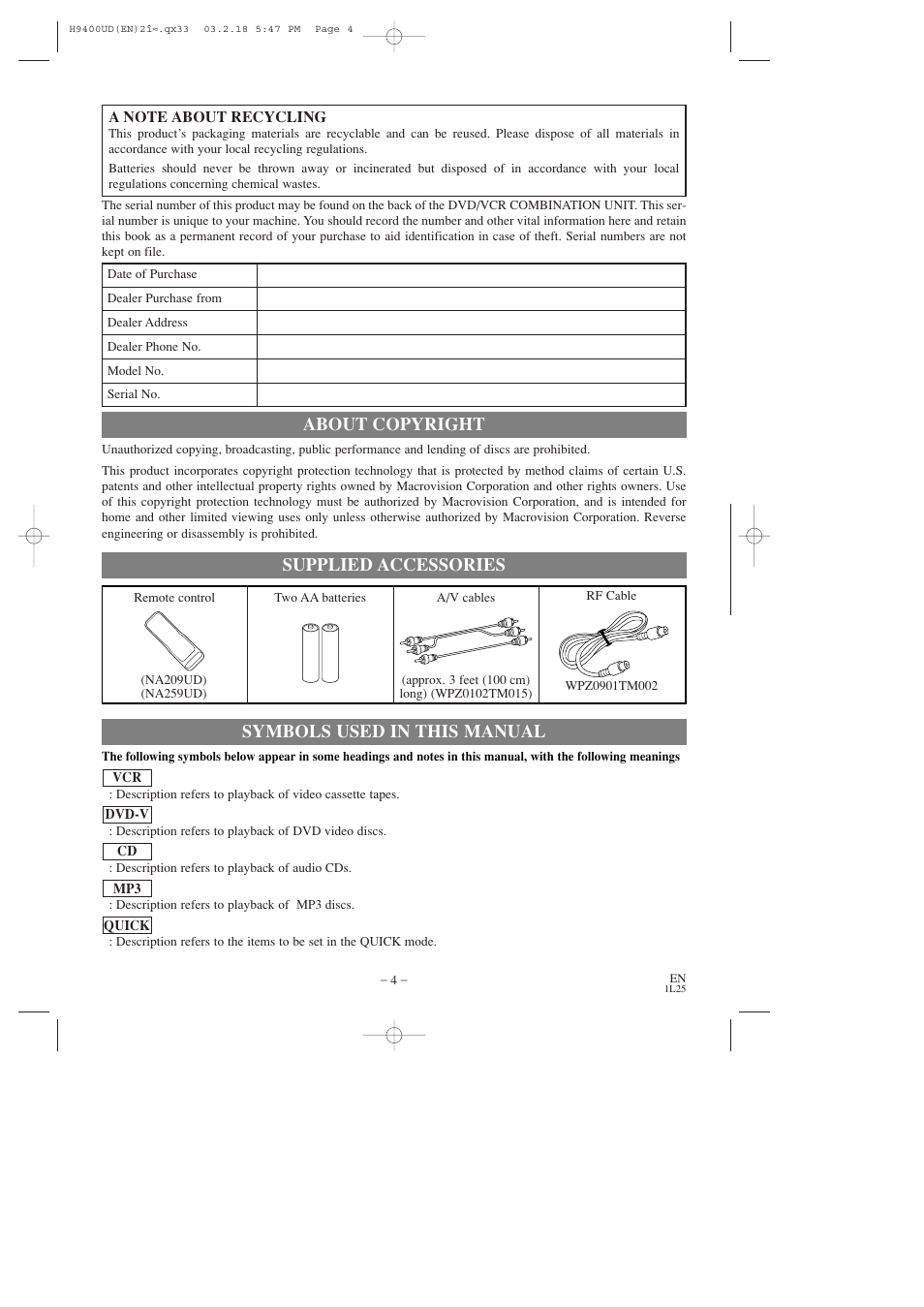 About copyright, Symbols used in this manual, Supplied accessories | FUNAI DVC860D User Manual | Page 4 / 44