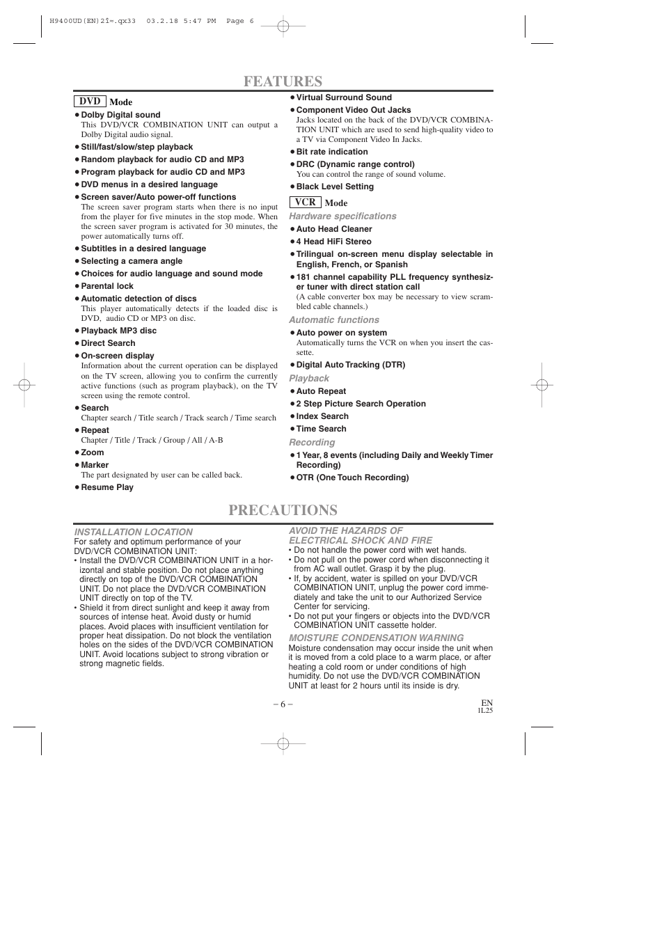 Features, Precautions | FUNAI DVC860D User Manual | Page 6 / 44