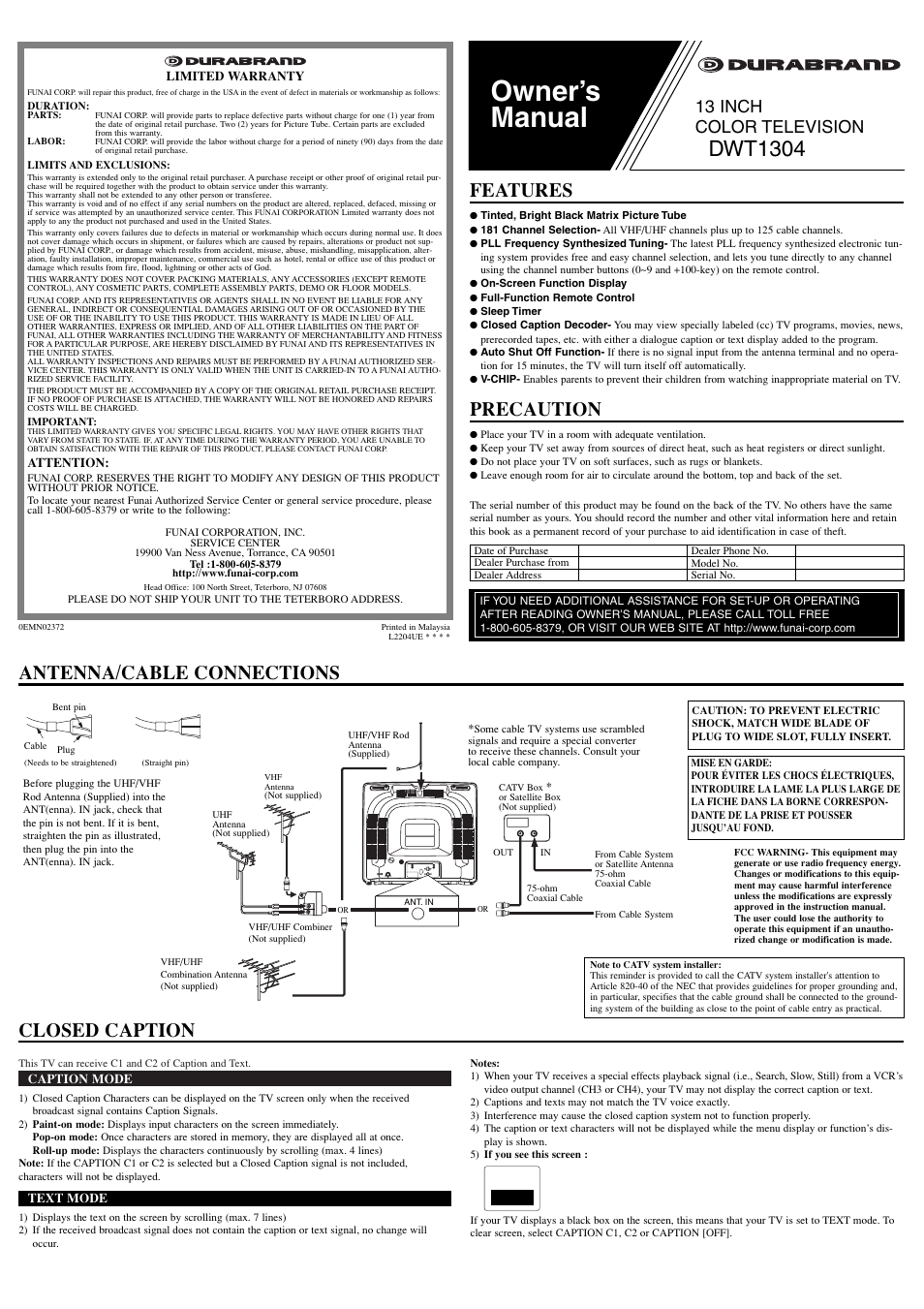 FUNAI Durabrand DWT1304 User Manual | 8 pages