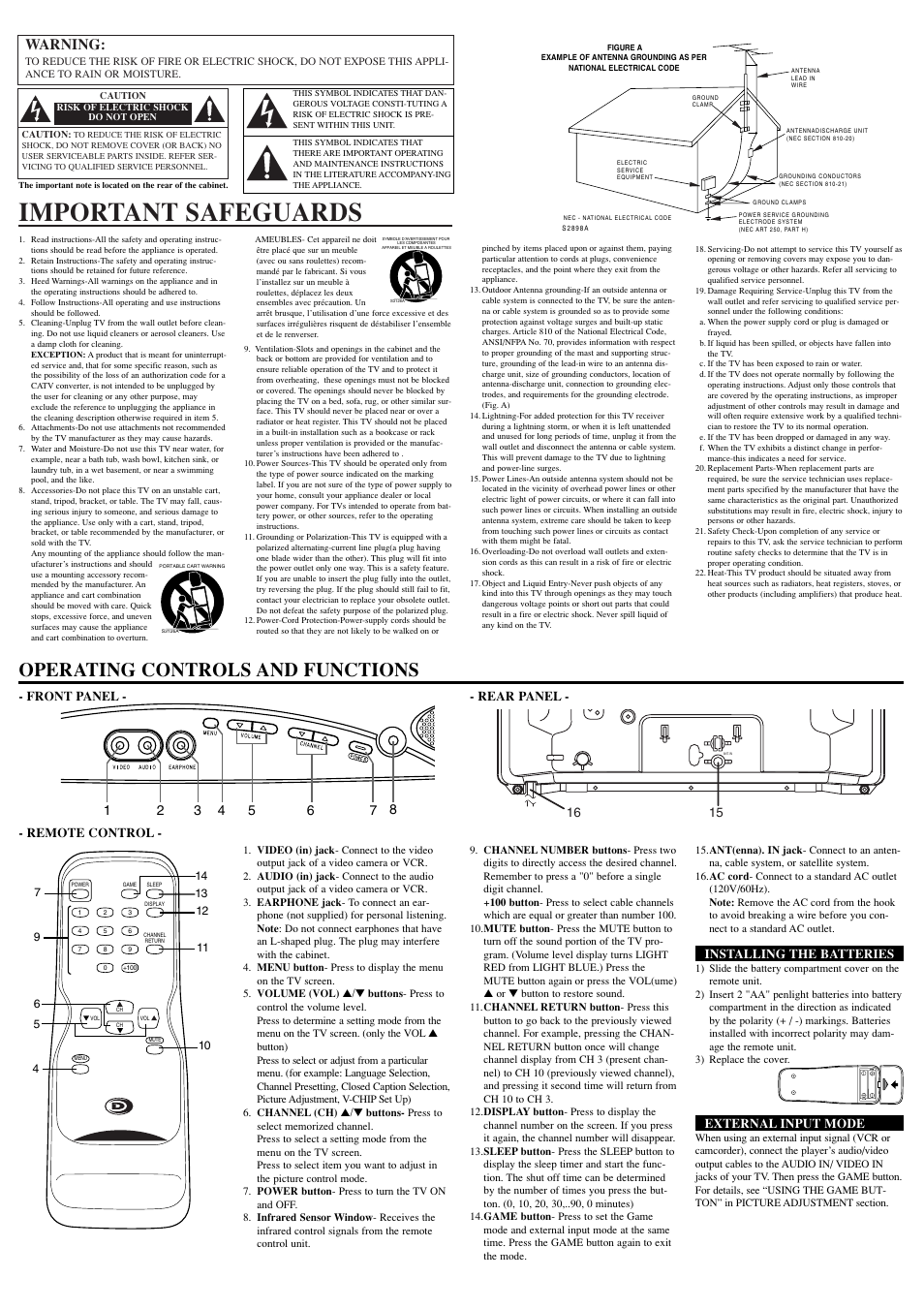 Important safeguards, Operating controls and functions, Warning | Front panel - - rear panel, Remote control, Installing the batteries, External input mode | FUNAI Durabrand DWT1304 User Manual | Page 2 / 8