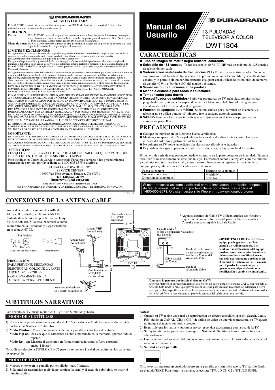 Manual del usuarilo, Dwt1304, Conexiones de la antena/cable precauciones | Características, Subtitulos narrativos, 13 pulgadas televisor a color | FUNAI Durabrand DWT1304 User Manual | Page 5 / 8