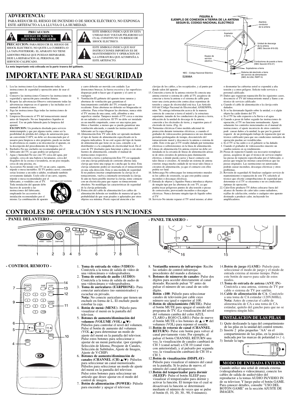 Importante para su seguridad, Controles de operación y sus funciones, Advertencia | Instalacion de las pilas, Modo de entrada externa, Panel delantero - - panel trasero, Control remoto | FUNAI Durabrand DWT1304 User Manual | Page 6 / 8