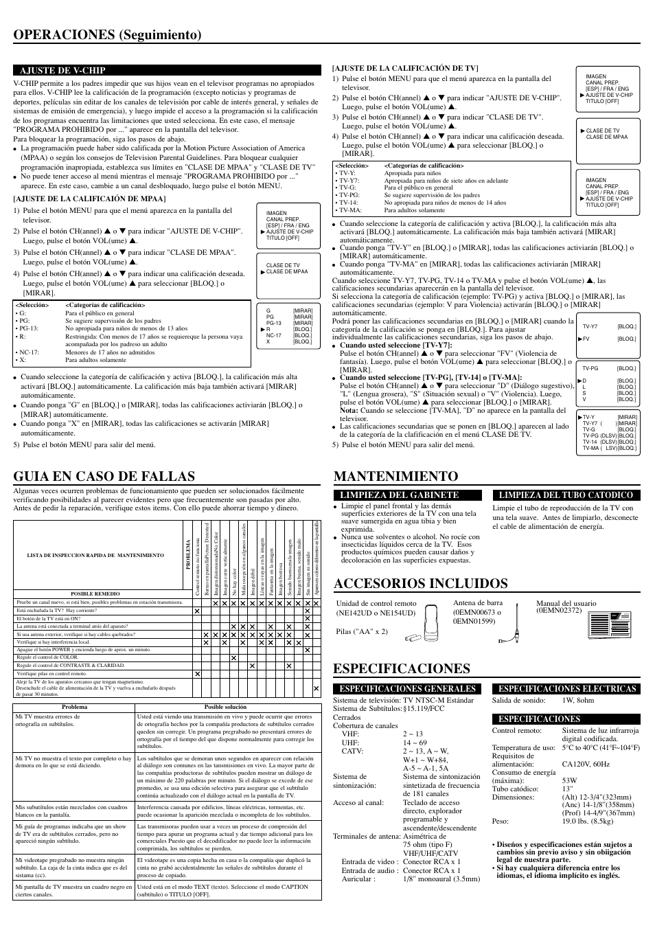 Guia en caso de fallas, Especificaciones operaciones (seguimiento), Mantenimiento accesorios incluidos | Owner’s manual | FUNAI Durabrand DWT1304 User Manual | Page 8 / 8