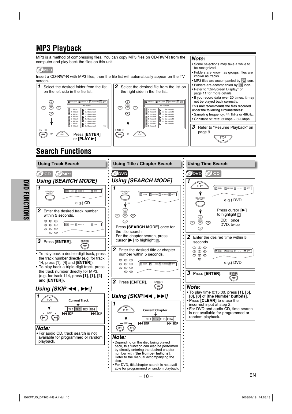 Search functions, Mp3 playback, Dvd functions | Using [search mode, Using [search mode] 1 2, Using [skip, Using time search, Using track search, Using title / chapter search | FUNAI DP100HH8A User Manual | Page 10 / 20