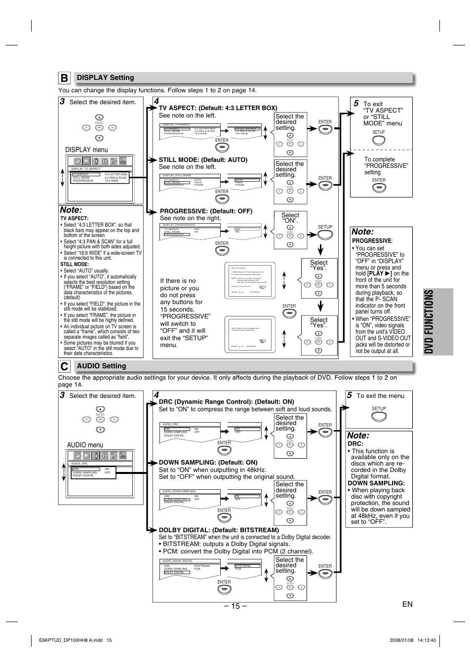 Dvd functions, Display menu, Audio menu | Display setting, Audio setting | FUNAI DP100HH8A User Manual | Page 15 / 20