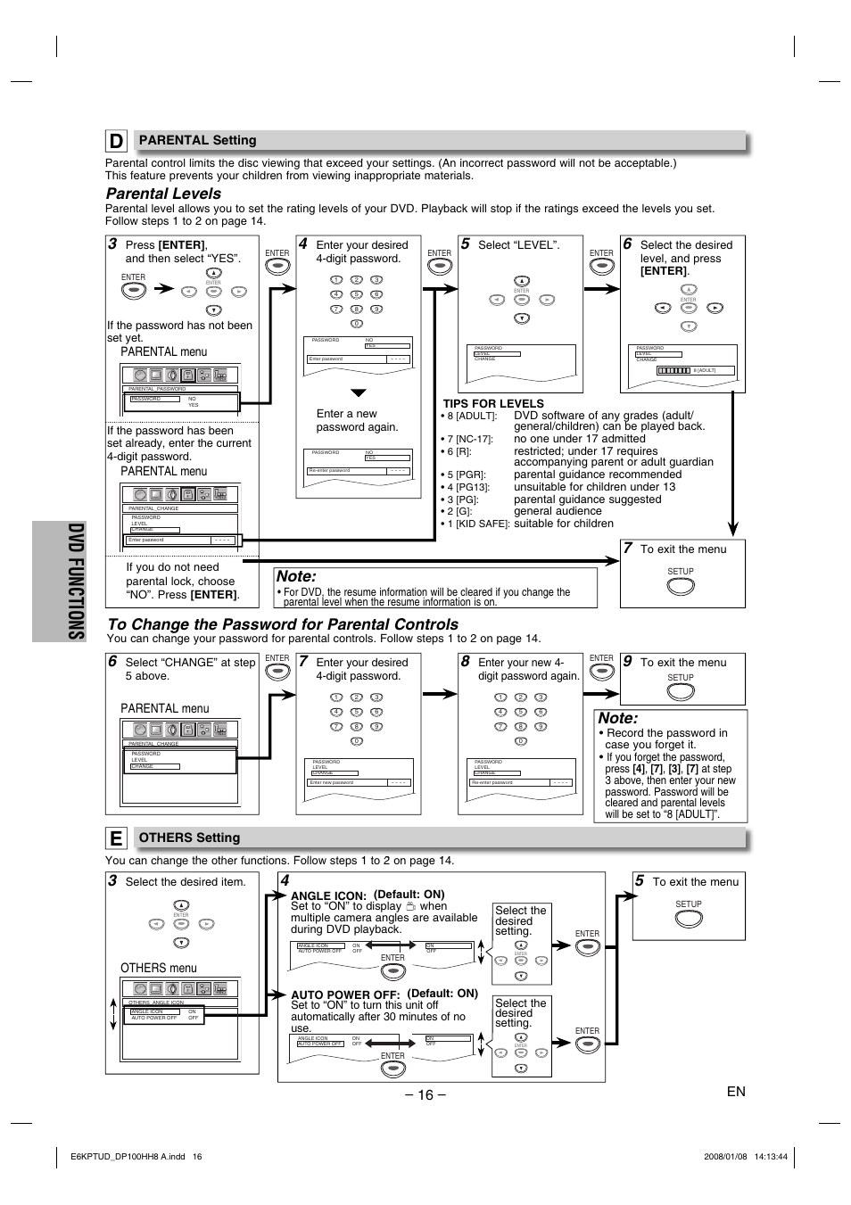 Dvd functions, Parental levels, Parental menu | Others menu, Parental setting, Others setting | FUNAI DP100HH8A User Manual | Page 16 / 20