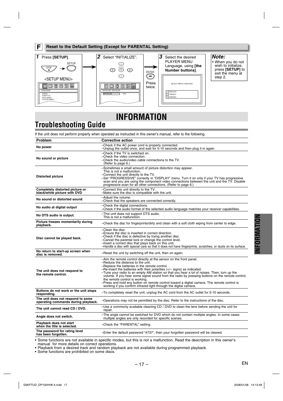 Troubleshooting guide, Information | FUNAI DP100HH8A User Manual | Page 17 / 20