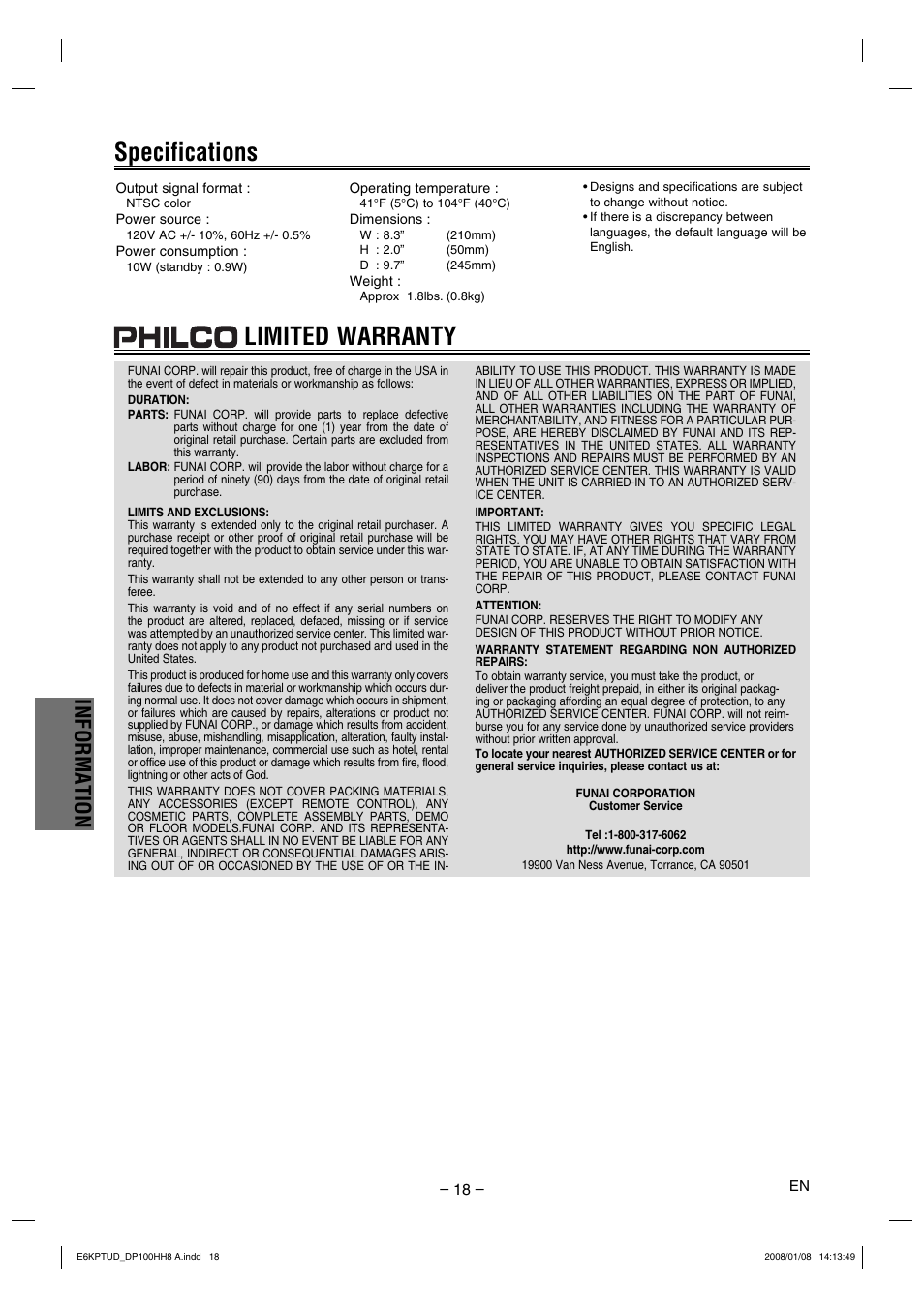 Specifications limited warranty, Information | FUNAI DP100HH8A User Manual | Page 18 / 20