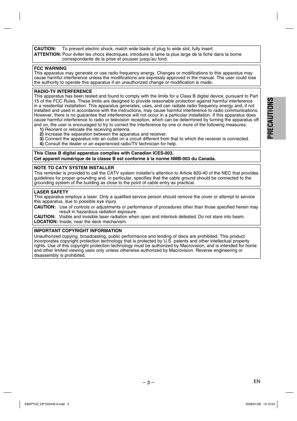 Precautions | FUNAI DP100HH8A User Manual | Page 3 / 20