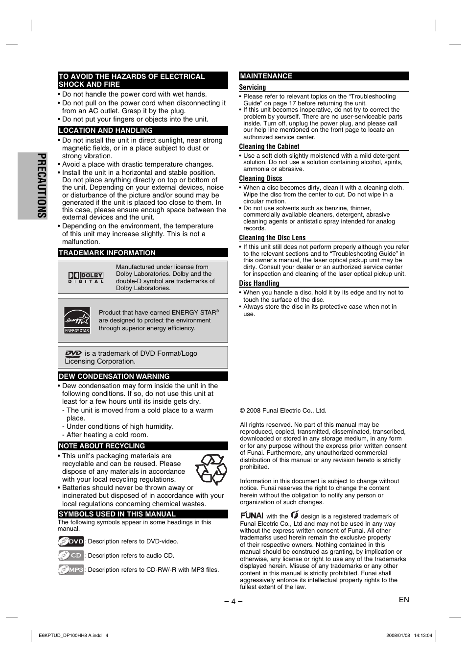 Precautions | FUNAI DP100HH8A User Manual | Page 4 / 20