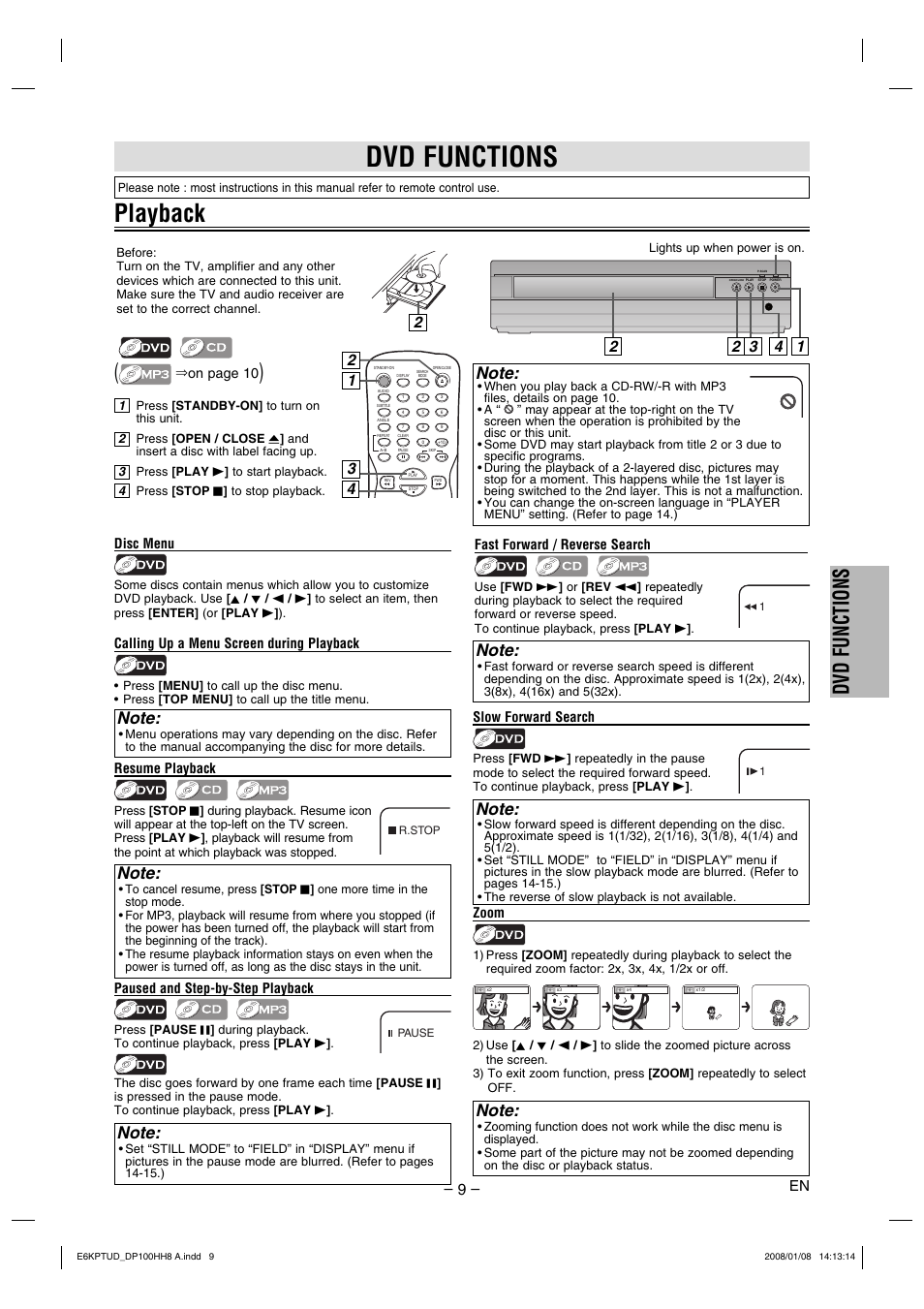Playback, Dvd functions | FUNAI DP100HH8A User Manual | Page 9 / 20
