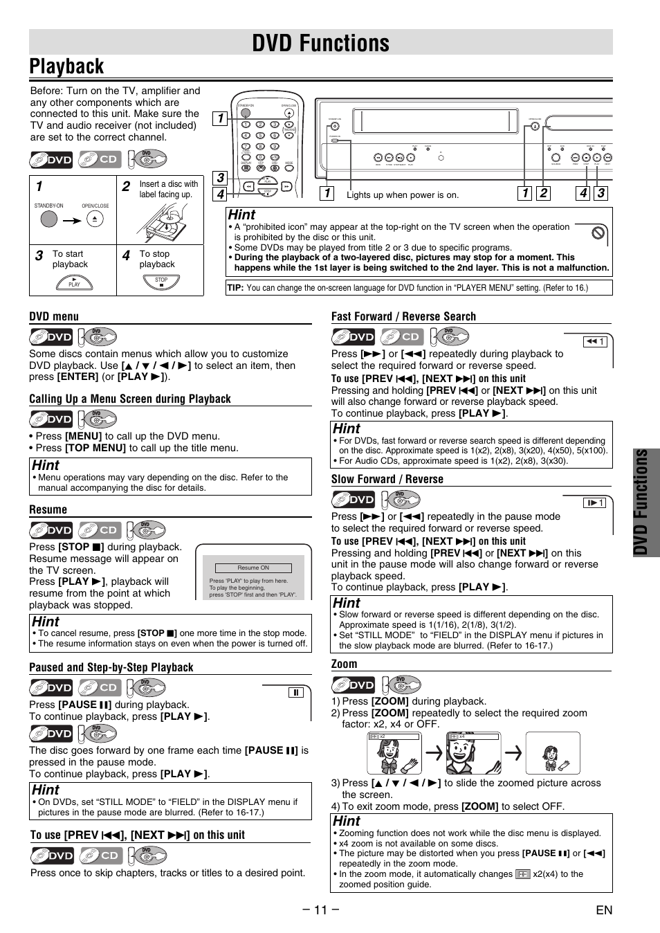 Playback, Dvd functions, Hint | Paused and step-by-step playback, Fast forward / reverse search, Dvd menu, Calling up a menu screen during playback, Resume, Zoom, Slow forward / reverse | FUNAI DV200MW8 User Manual | Page 11 / 24