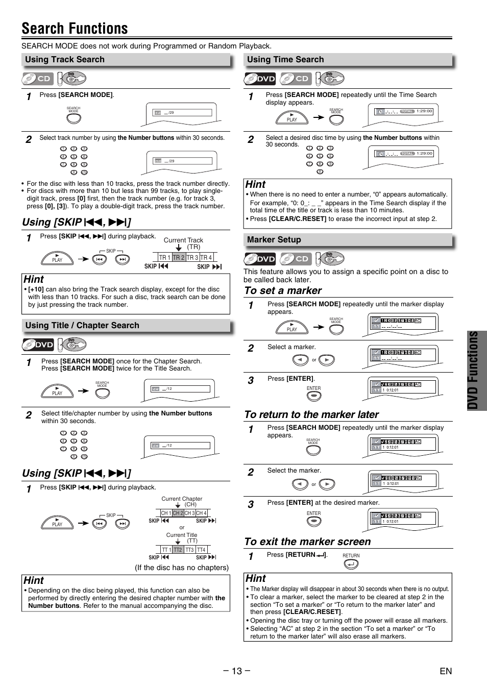 Search functions, Dvd functions, Using [skip | Hint, Using track search, Using time search, Marker setup, Using title / chapter search | FUNAI DV200MW8 User Manual | Page 13 / 24