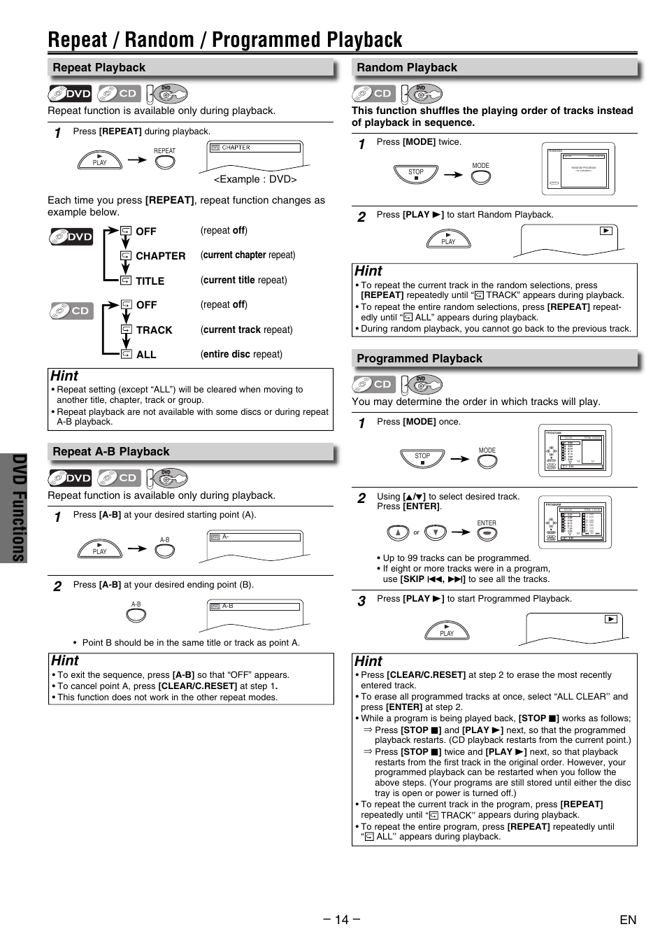 Repeat / random / programmed playback, Dvd functions, Hint | Repeat playback, Programmed playback, Random playback, Repeat a-b playback | FUNAI DV200MW8 User Manual | Page 14 / 24