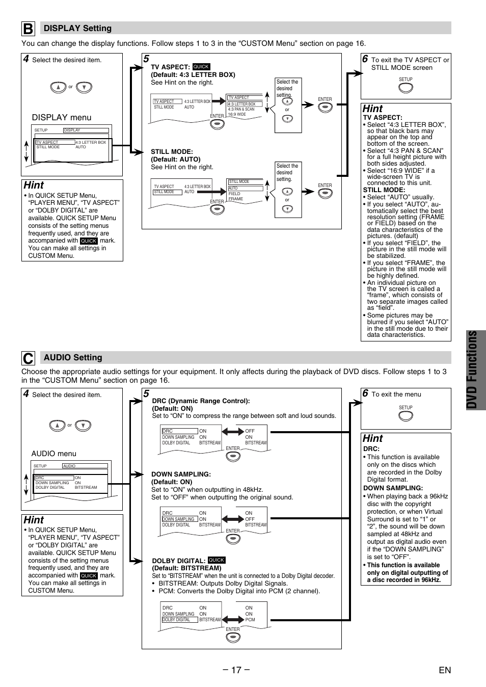Dvd functions, 5hint, Hint | Display setting, Audio setting, Display menu | FUNAI DV200MW8 User Manual | Page 17 / 24