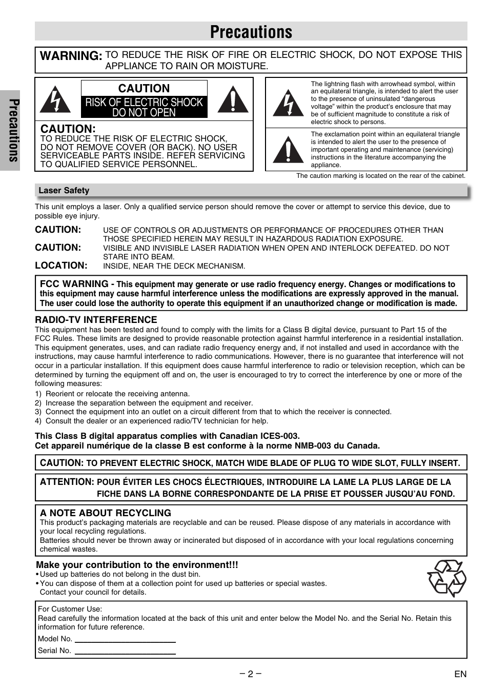 Precautions, Warning, Caution risk of electric shock do not open caution | FUNAI DV200MW8 User Manual | Page 2 / 24