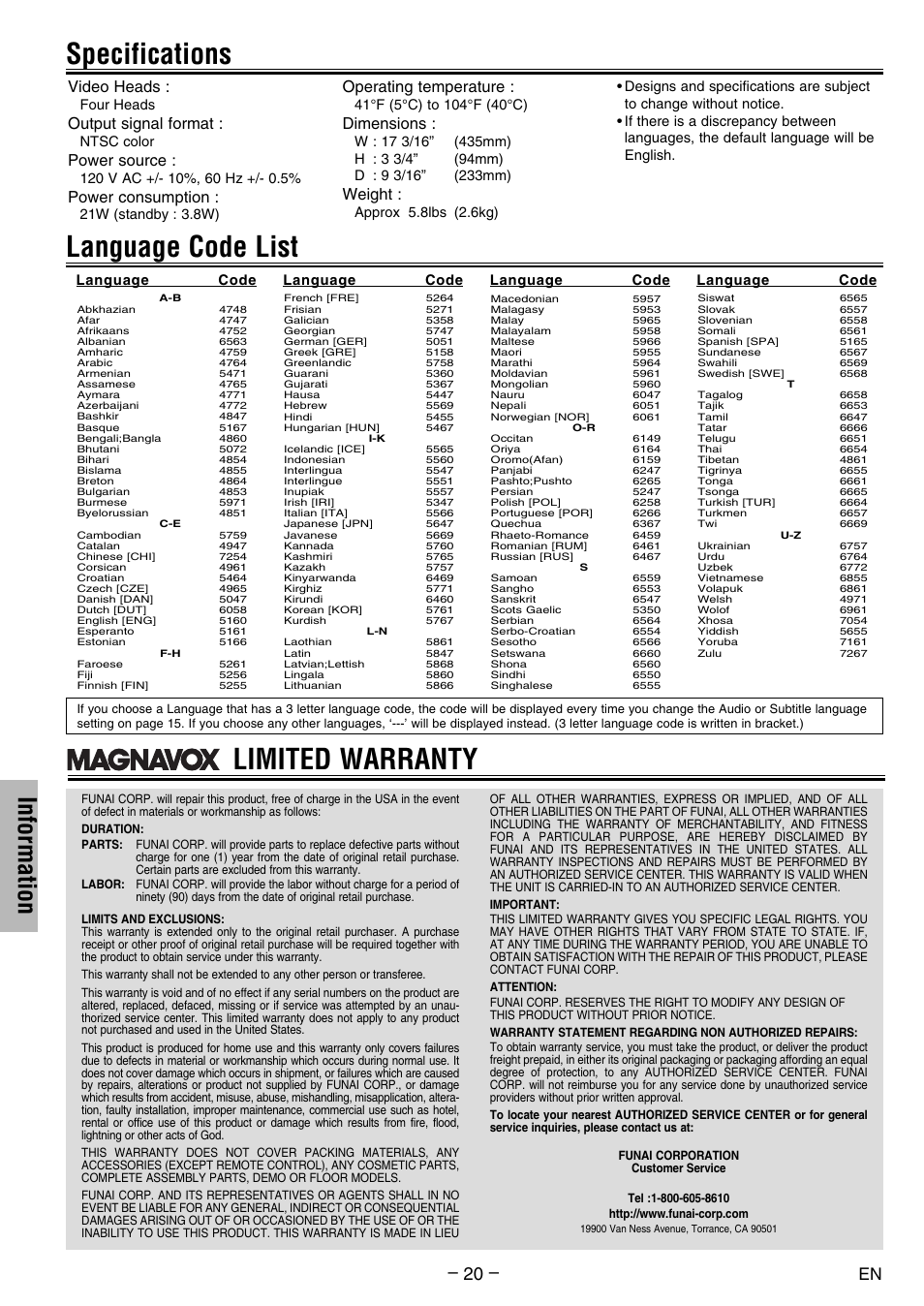 Specifications, Limited warranty, Language code list | Information, Video heads, Output signal format, Power source, Power consumption, Operating temperature, Dimensions | FUNAI DV200MW8 User Manual | Page 20 / 24