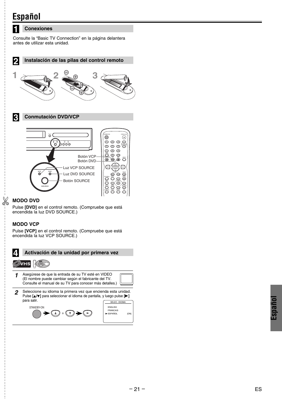 Español, Conexiones, Conmutación dvd/vcp | Instalación de las pilas del control remoto, Activación de la unidad por primera vez, Modo dvd, Modo vcp | FUNAI DV200MW8 User Manual | Page 21 / 24