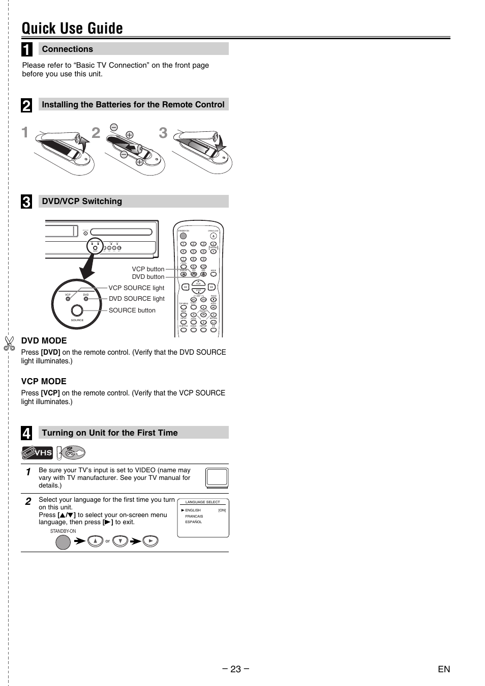 Quick use guide, Installing the batteries for the remote control, Dvd mode | Vcp mode | FUNAI DV200MW8 User Manual | Page 23 / 24