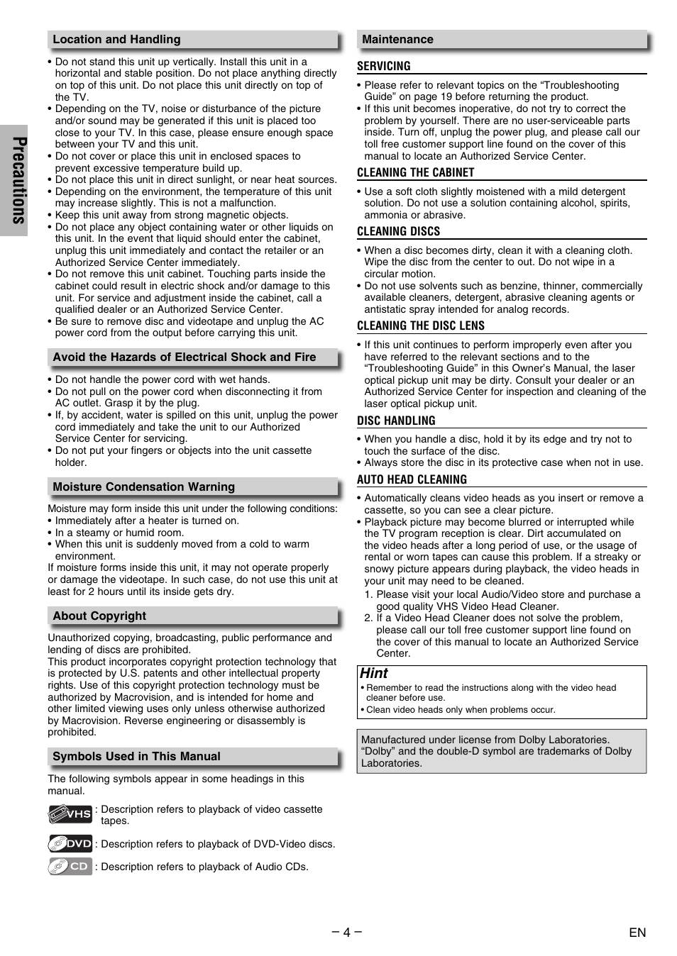 Precautions, Hint | FUNAI DV200MW8 User Manual | Page 4 / 24