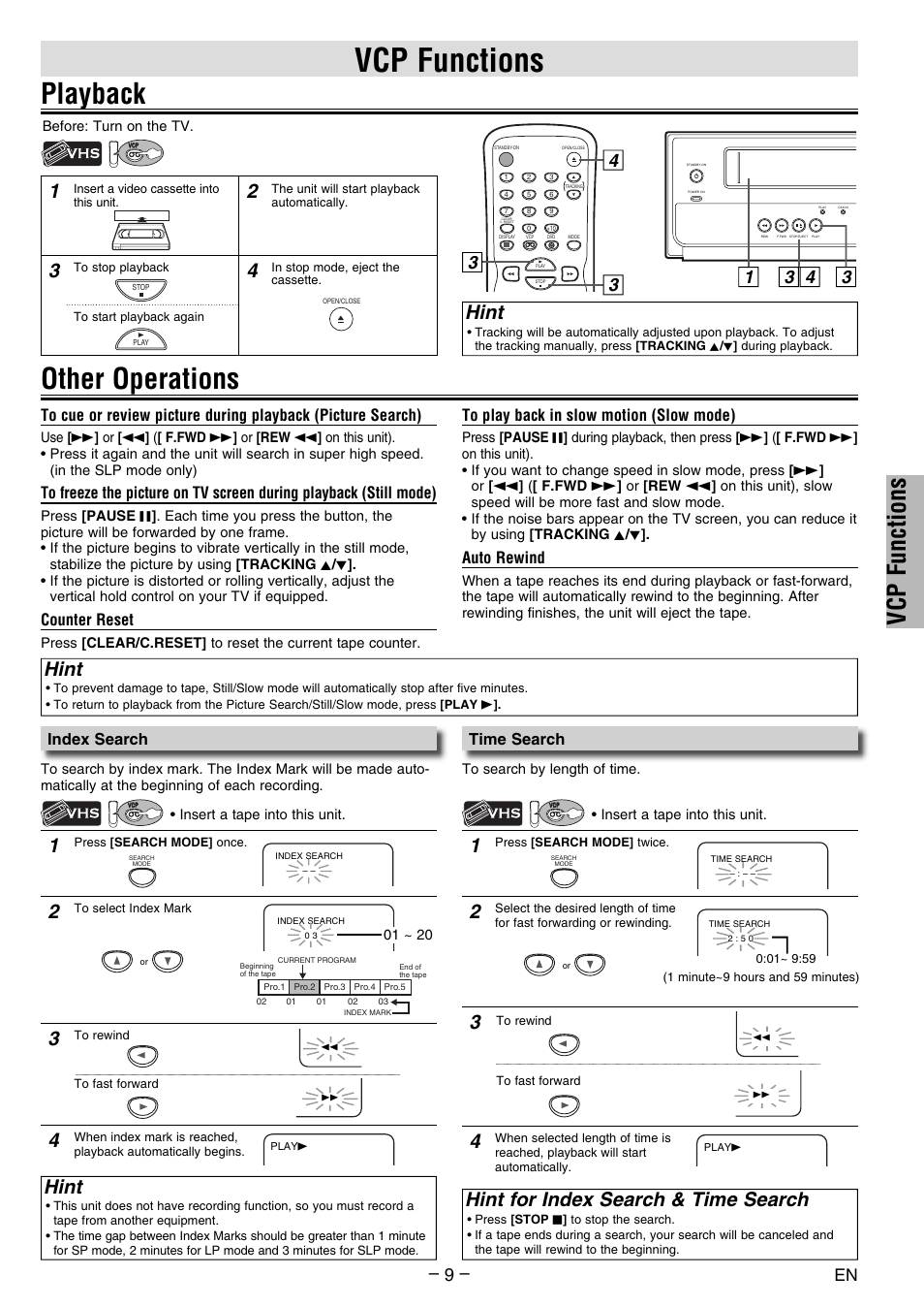 Playback, Other operations, Vcp functions | Hint, Hint for index search & time search, Index search, Time search, Counter reset, Auto rewind | FUNAI DV200MW8 User Manual | Page 9 / 24