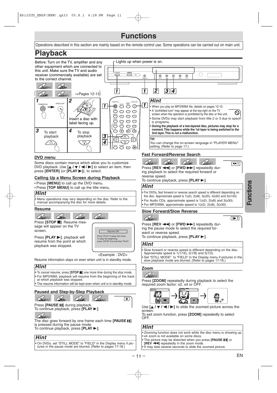 Playback, Functions, Hint | FUNAI MSD1005 User Manual | Page 11 / 24