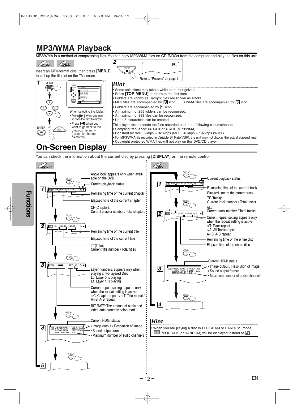 On-screen display, Mp3/wma playback, Functions | Hint | FUNAI MSD1005 User Manual | Page 12 / 24