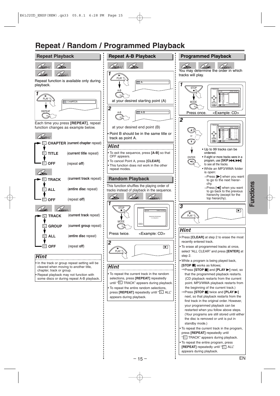 Repeat / random / programmed playback, Functions, Hint | Random playback | FUNAI MSD1005 User Manual | Page 15 / 24