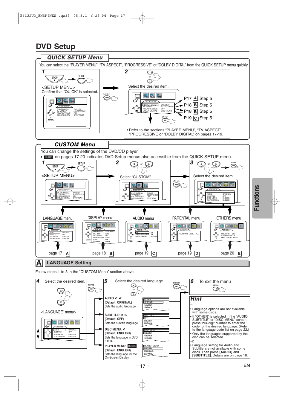 Dvd setup, Functions, Hint | Quick setup men uick setup men u u, Cust, Cust om men om men u u, Language setting, Language” menu, Setup menu, Page 18 | FUNAI MSD1005 User Manual | Page 17 / 24