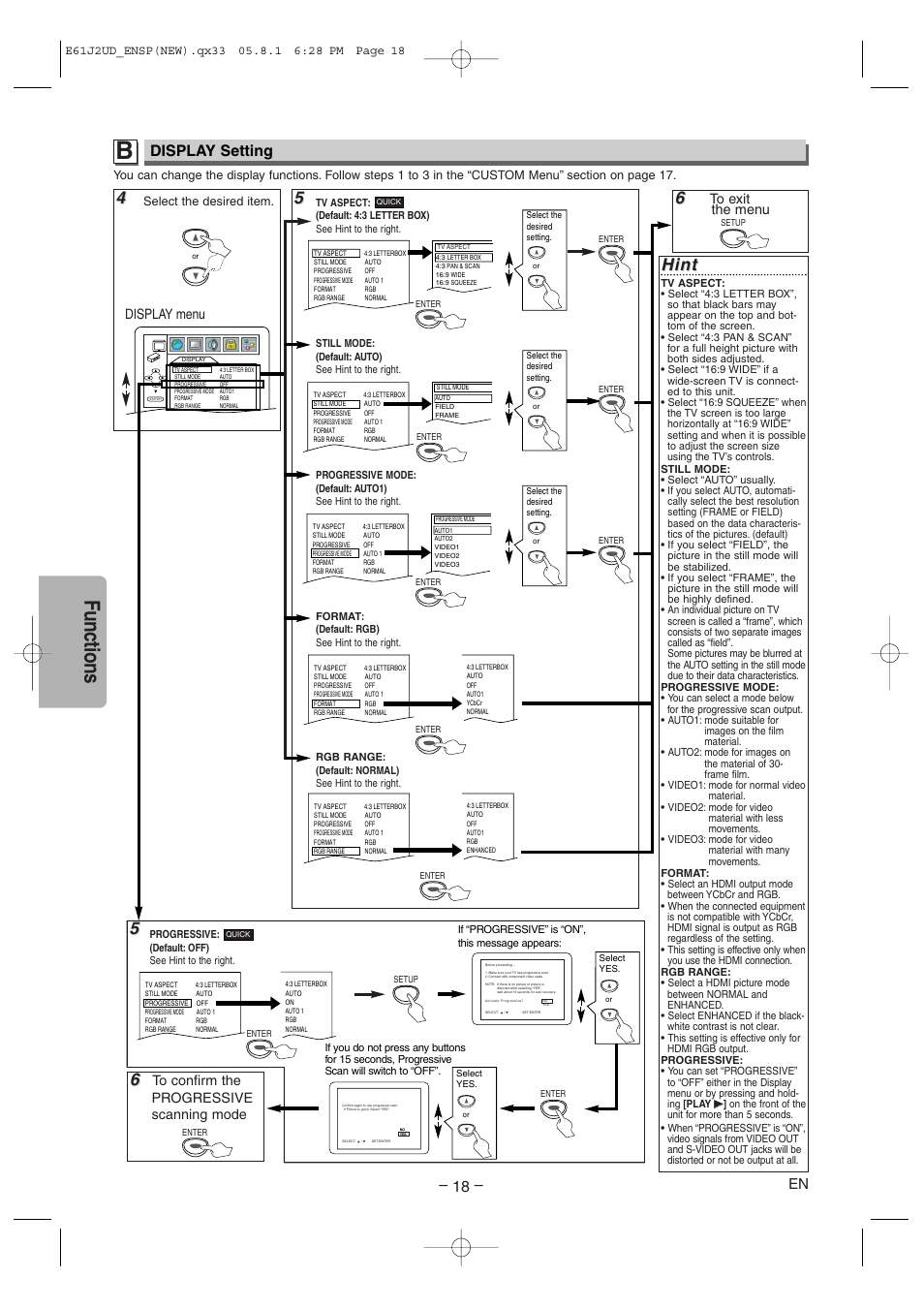 Functions, Hint, Display setting | Display menu | FUNAI MSD1005 User Manual | Page 18 / 24
