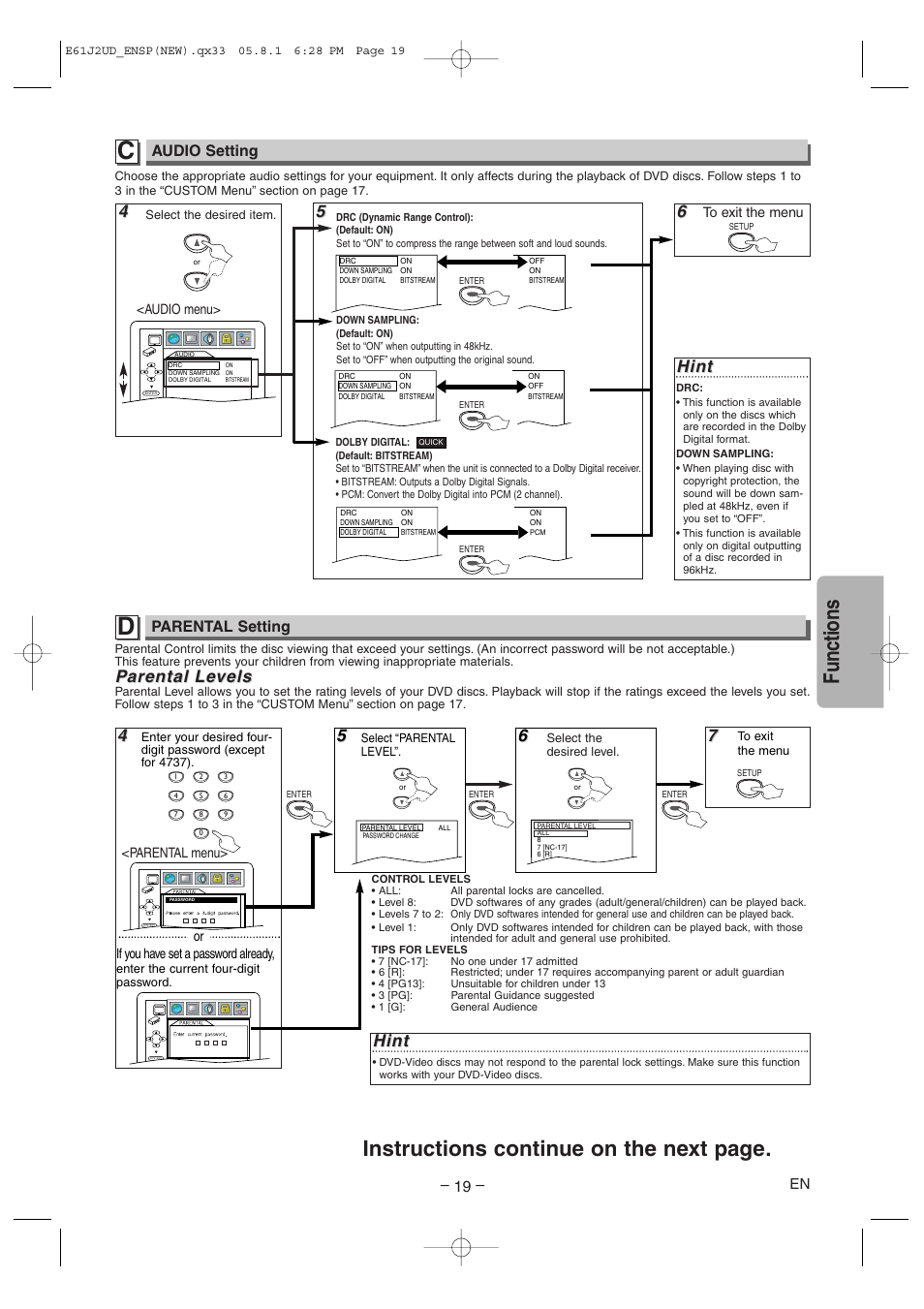 Functions, Instructions continue on the next page, Hint | Parental arental le le vels vels, Audio setting, Parental setting | FUNAI MSD1005 User Manual | Page 19 / 24