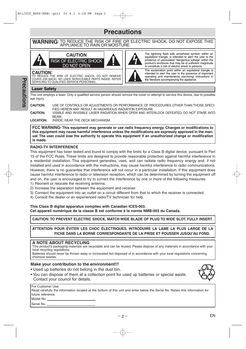 Precautions, Warning | FUNAI MSD1005 User Manual | Page 2 / 24