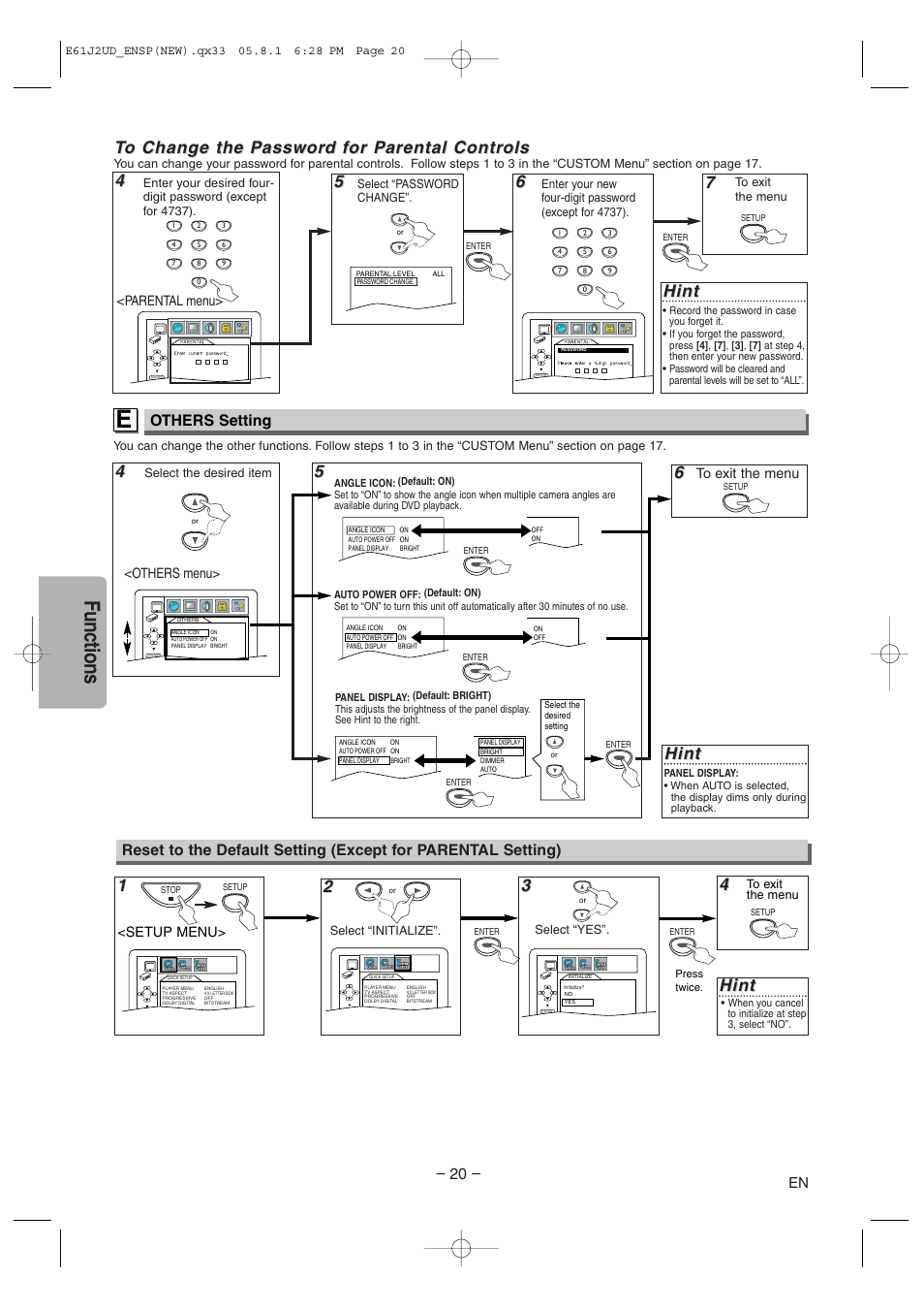Functions, 64 4 hint hint, Hint | Others setting | FUNAI MSD1005 User Manual | Page 20 / 24