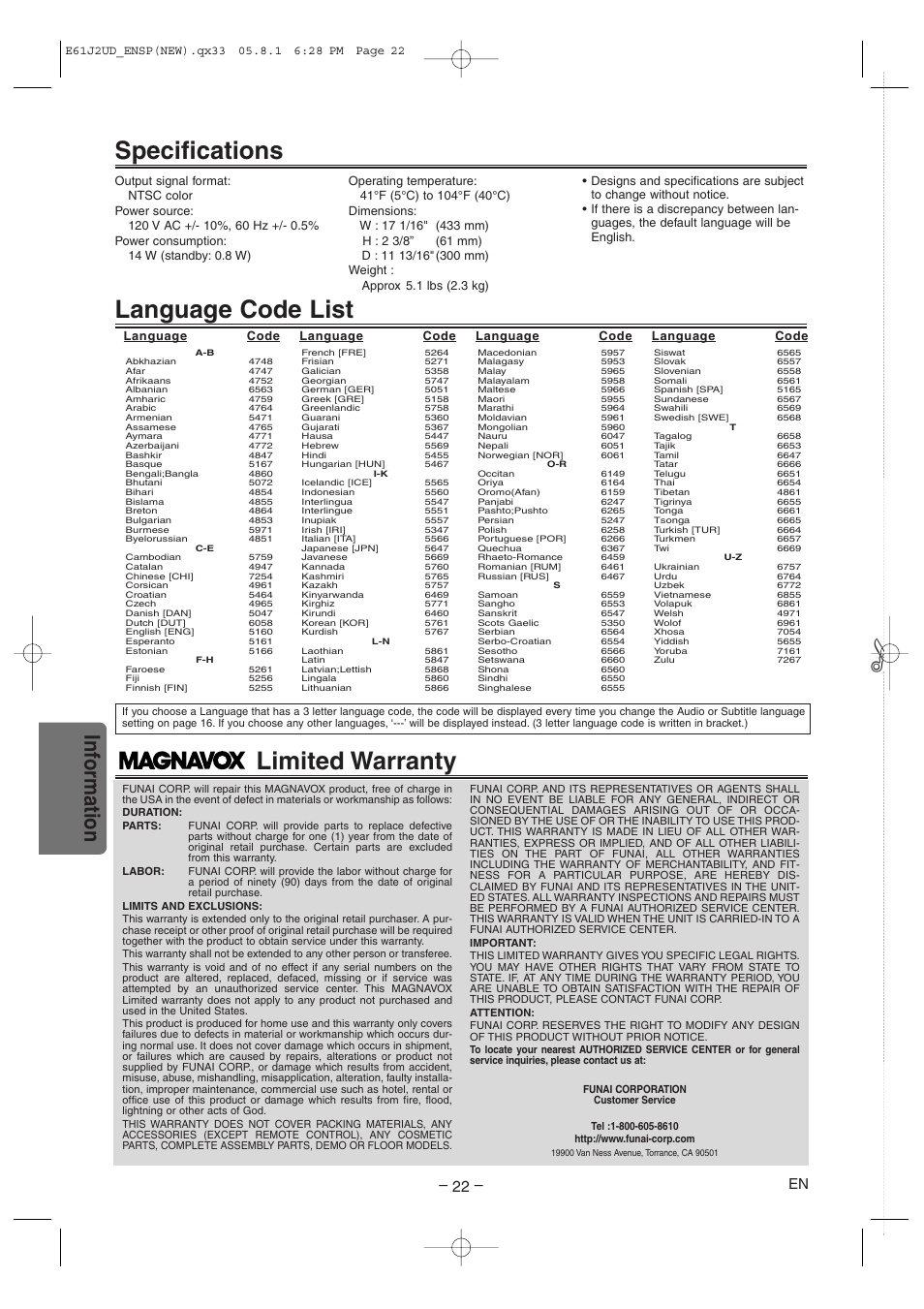 Language code list, Specifications, Limited warranty | Inf ormation | FUNAI MSD1005 User Manual | Page 22 / 24