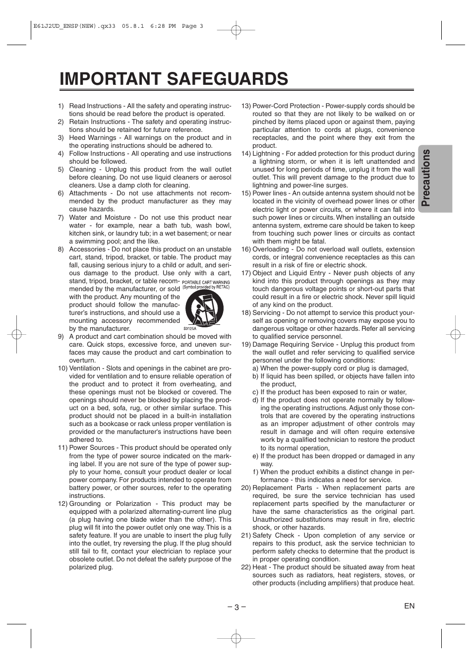 Important safeguards, Precautions | FUNAI MSD1005 User Manual | Page 3 / 24