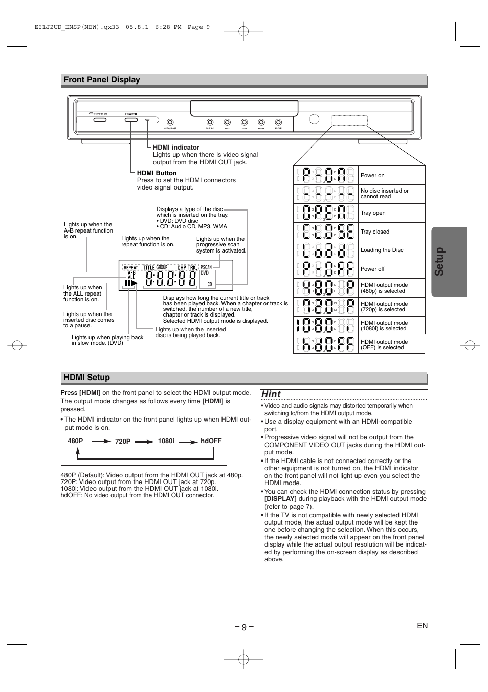 Setup, Hint, Front panel display | Hdmi setup | FUNAI MSD1005 User Manual | Page 9 / 24